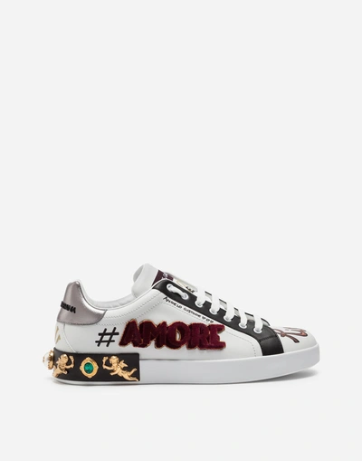 Shop Dolce & Gabbana Portofino Sneakers In Printed Calfskin With Patch And Appliqués In White