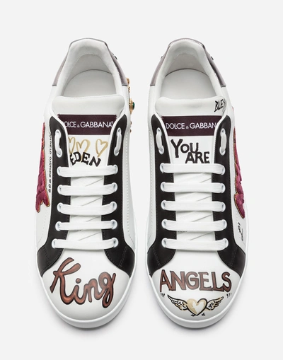 Shop Dolce & Gabbana Portofino Sneakers In Printed Calfskin With Patch And Appliqués In White