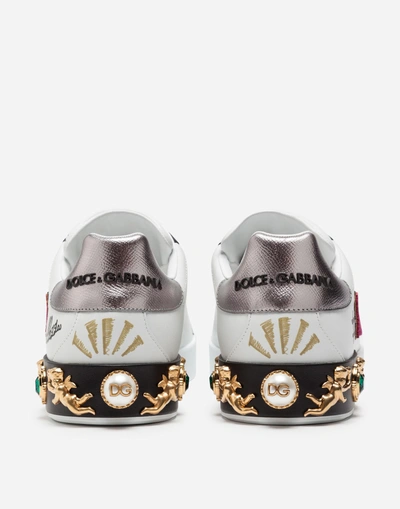 Shop Dolce & Gabbana Portofino Sneakers In Printed Calfskin With Patch And Appliqués In White