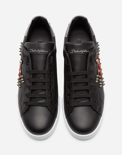 Shop Dolce & Gabbana Calfskin Portofino Sneakers With Patch In Black