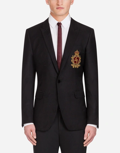 Shop Dolce & Gabbana Martini Blazer In Jacquard Wool With Patch In Black
