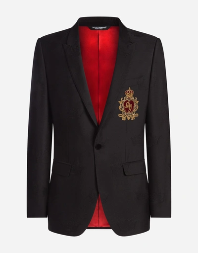 Shop Dolce & Gabbana Martini Blazer In Jacquard Wool With Patch In Black