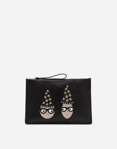 Shop Dolce & Gabbana Dauphine Calfskin Clutch With Patches Of The Designers In Black