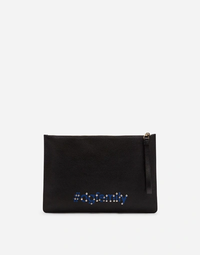 Shop Dolce & Gabbana Dauphine Calfskin Clutch With Patches Of The Designers In Black