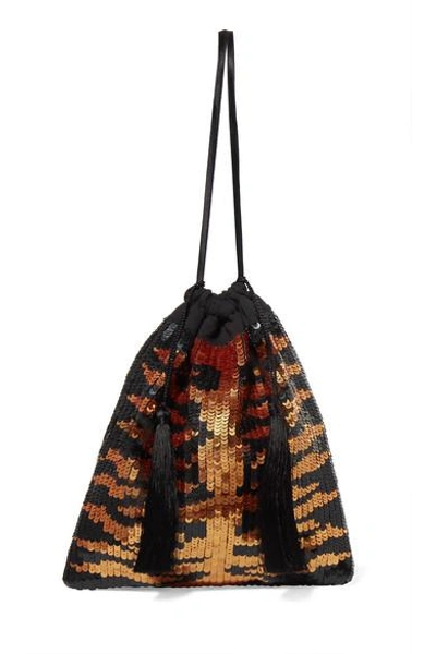 Shop Attico Tasseled Sequined Chiffon Clutch In Leopard Print