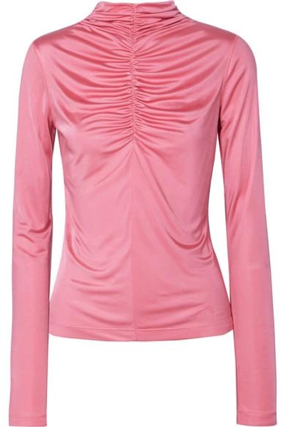 Shop Cedric Charlier Ruched Satin-jersey Top In Pink