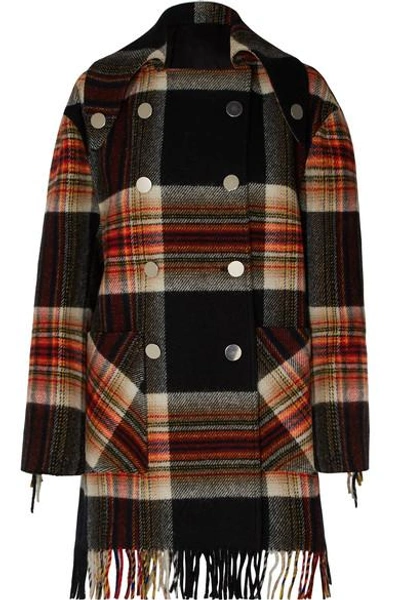 Shop Calvin Klein 205w39nyc + Pendleton Double-breasted Fringed Checked Wool Coat In Black