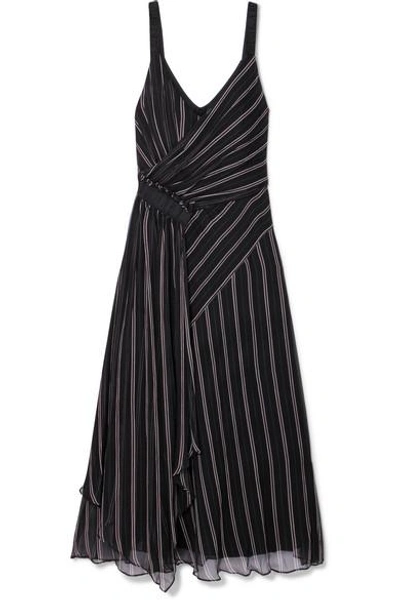 Shop Jason Wu Grey Striped Gathered Silk-chiffon Wrap-effect Midi Dress In Black