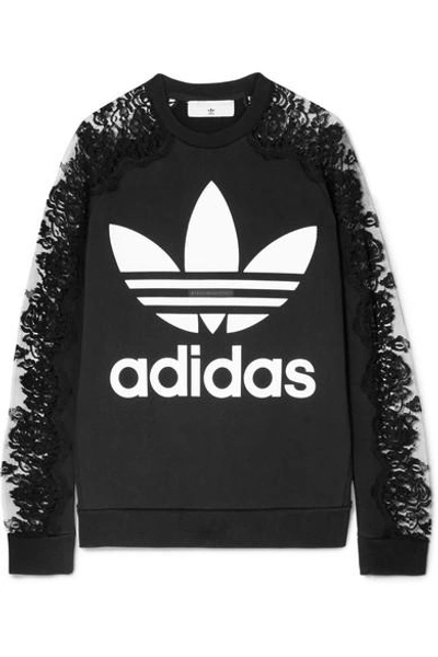 Shop Stella Mccartney + Adidas Lace-paneled Printed Cotton-jersey Sweatshirt In Black