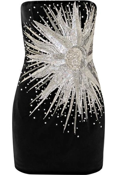 Shop Balmain Strapless Embellished Cotton-velvet Mini Dress In Black