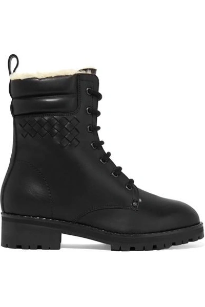 Shop Bottega Veneta Shearling-lined Intrecciato Leather Ankle Boots In Black