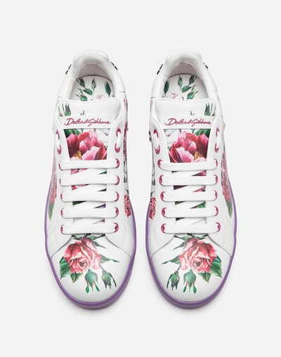 Shop Dolce & Gabbana Printed Calfskin Portofino Sneakers With Appliqué In White