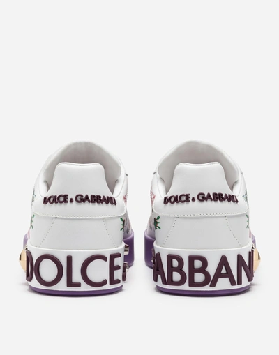 Shop Dolce & Gabbana Printed Calfskin Portofino Sneakers With Appliqué In White