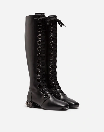 Shop Dolce & Gabbana Boots In Nappa Calfskin With Heel Embroidery In Black