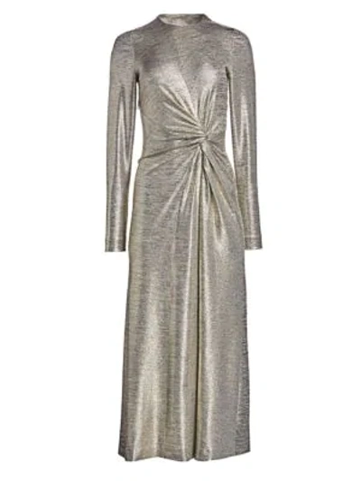 Shop Galvan Metallic Twist Midi Dress In Silver