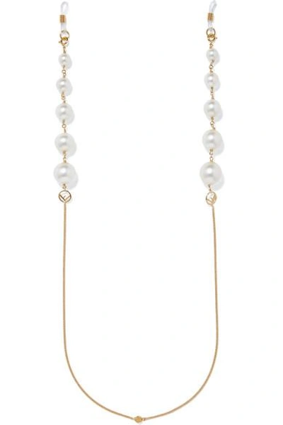 Shop Fendi Gold-tone Faux Pearl Sunglasses Chain In Cream