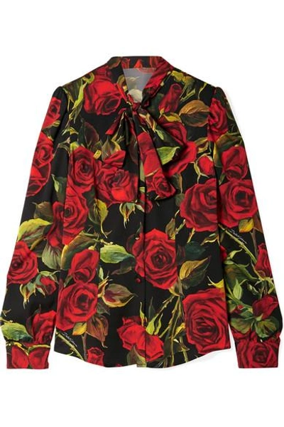 Shop Dolce & Gabbana Pussy-bow Floral-print Silk-blend Blouse In Red