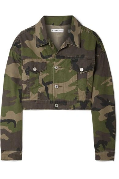 Shop Re/done Cropped Camouflage-print Denim Jacket In Green