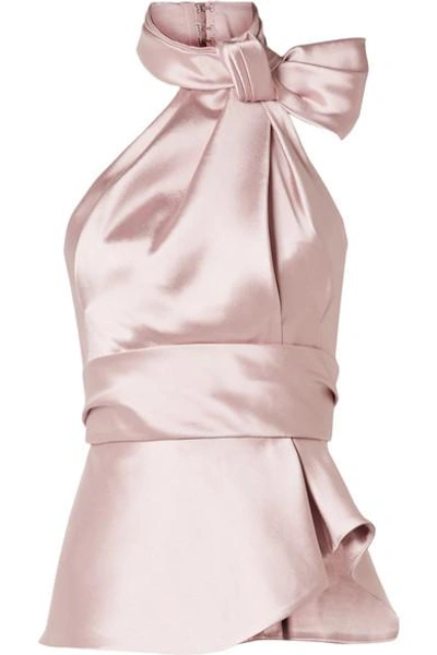 Shop Brandon Maxwell Bow-embellished Satin-twill Halterneck Top In Blush