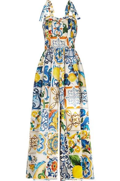 Shop Dolce & Gabbana Pleated Printed Cotton-poplin Jumpsuit In Blue