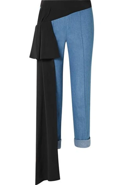 Shop Hellessy Romeo Silk-trimmed Tapered Cotton-chambray Pants In Blue