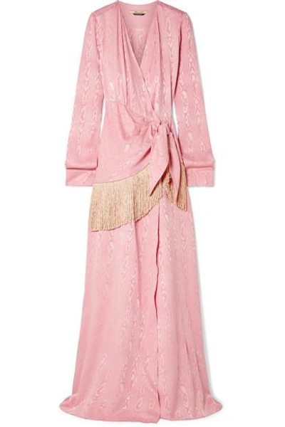 Shop Hellessy Emerson Fringe-trimmed Moire Wrap Maxi Dress In Pink