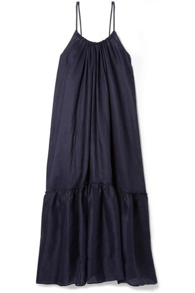 Shop Pour Les Femmes Ruffled Linen Maxi Dress In Navy