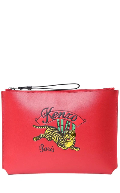 Shop Kenzo Jumping Tiger Leather Clutch In Rosso