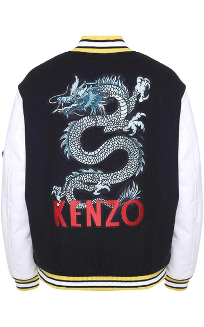 Shop Kenzo Embroidered Leather-trimmed Wool-blend Bomber Jacket In Nero