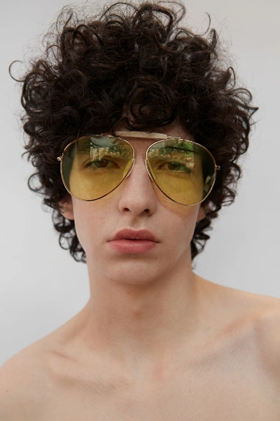 Shop Acne Studios Aviator Eyewear Pale Gold/yellow