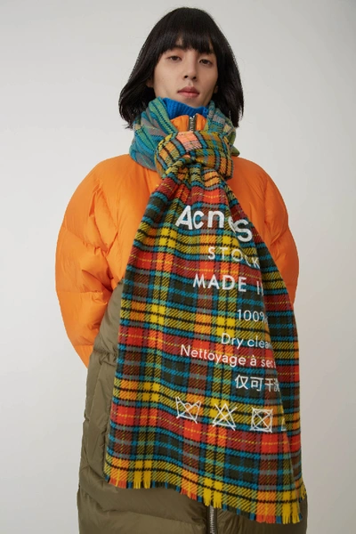 Shop Acne Studios Cassiar Check Mid Blue / Yellow Check In Checked Logo Scarf