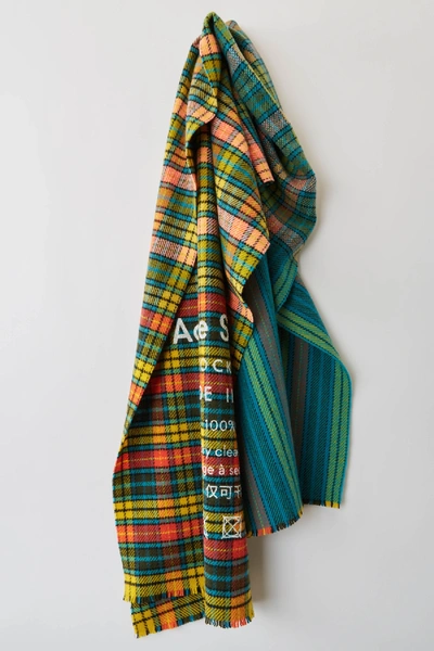 Shop Acne Studios Cassiar Check Mid Blue / Yellow Check In Checked Logo Scarf