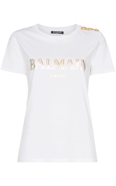 Shop Balmain Logo-print Cotton T-shirt In Bianco