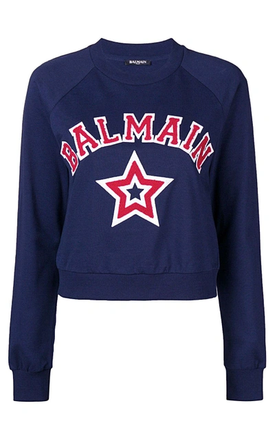 Shop Balmain Logo-embroidery Cotton-jersey Sweatshirt In Blu