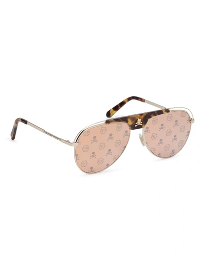 Shop Philipp Plein Sunglasses Charlie Monogram In Gold/gold/mirror/no Glv