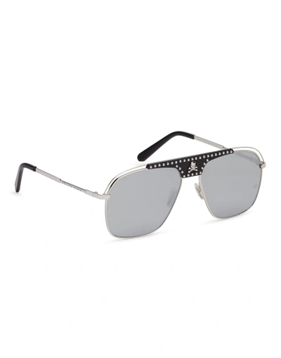Shop Philipp Plein Sunglasses Noah Studded In Nickel/nickel/mirror/no Glv