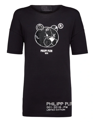 Shop Philipp Plein T-shirt Black Cut Round Neck Stones Teddy Bear