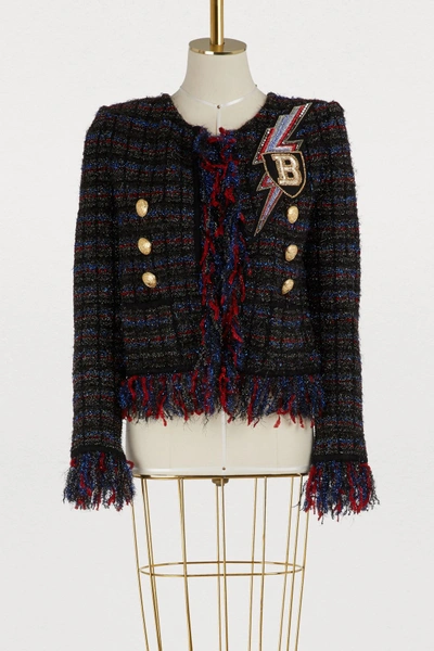 Shop Balmain Tweed Jacket In Noir/argent/bleu/rouge 5123c