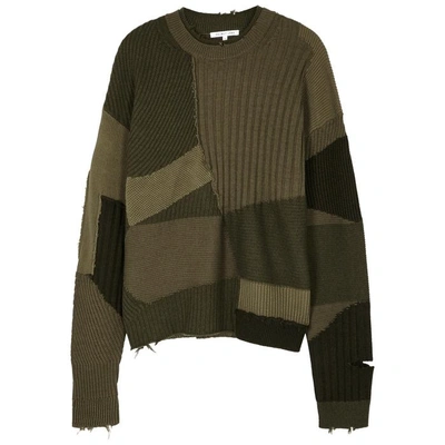 Shop Helmut Lang Army Green Distressed Wool-blend Jumper