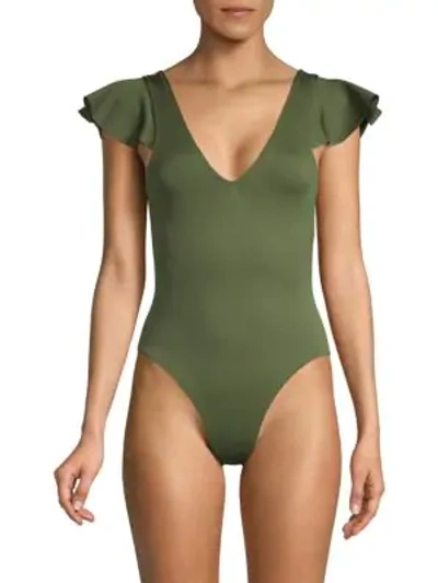 Shop Derek Lam 10 Crosby Ruffle-sleeve Malliot Swimsuit In Army