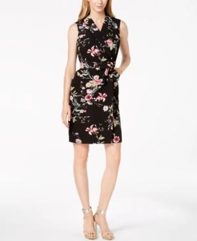 Shop Calvin Klein Petite Belted Floral-print Wrap Dress In Black Multi