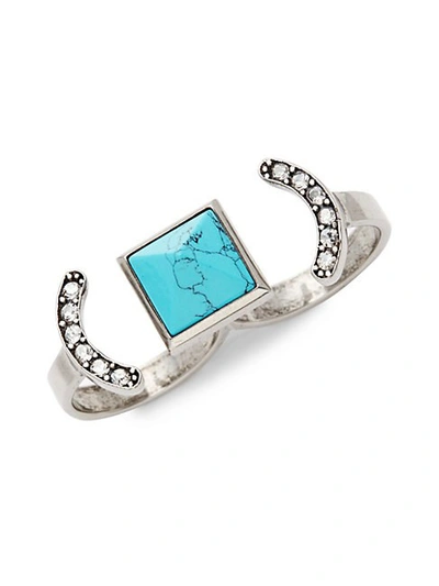 Shop Valentino Turquoise & White Topaz Two-finger Ring In Antique Silver