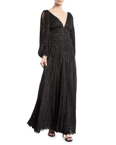 Shop J Mendel V-neck Puff-sleeve Fitted-waist Metallic-dot Evening Gown In Black