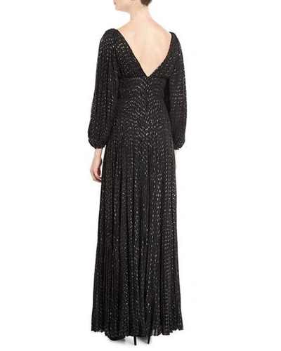 Shop J Mendel V-neck Puff-sleeve Fitted-waist Metallic-dot Evening Gown In Black