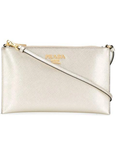 Shop Prada Logo Plaque Clutch Bag - Metallic