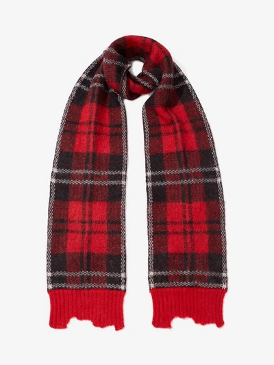 Shop Alexander Mcqueen Distressed Mohair Tartan Scarf In Red/black/ivory