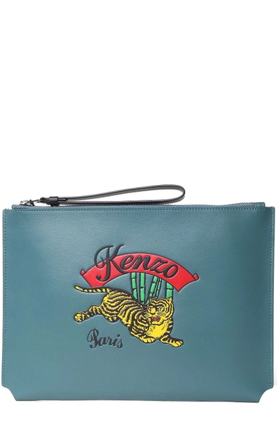 Shop Kenzo Jumping Tiger Leather Clutch In Blu