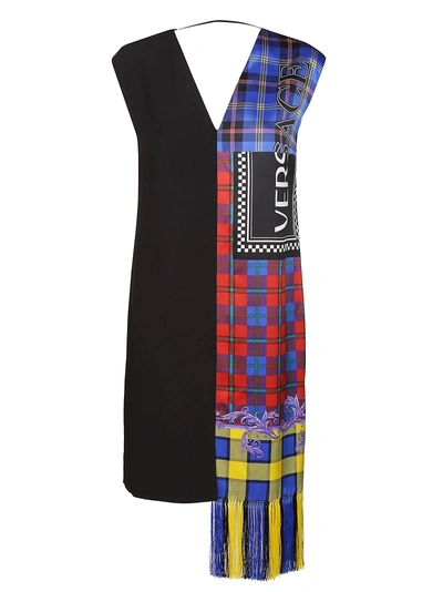 Shop Versace Logo Knit Fringe Tartan Shift Dress In Multicolor