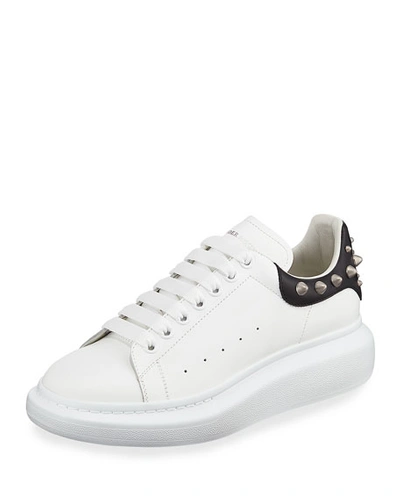 Shop Alexander Mcqueen Men's Larry Leather Lace-up Platform Sneakers With Spiked Trim In White/black