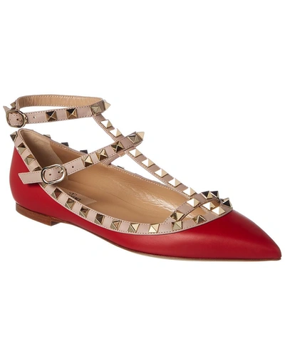 Shop Valentino Rockstud Leather Ballerina Flat In Red
